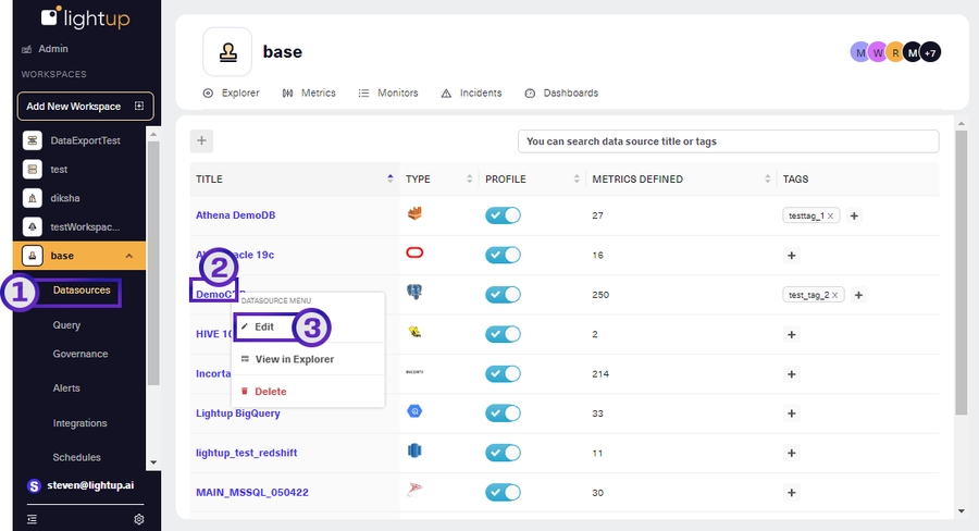 Steps to start editing a datasource